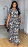 Women Printed V-neck Top and Wide Leg Trousers Two-piece Set