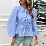 Women Casual Puff Sleeve Round Neck Loose Long Sleeve Shirt