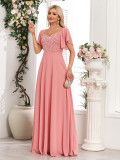 Women Square-neck Short-sleeved Backless Pink Sequin Patchwork Chiffon Evening Dress