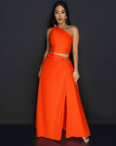 Women Slash Shoulder Slit Sleeveless Top and Skirt Two-piece Set