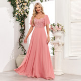 Women Square-neck Short-sleeved Backless Pink Sequin Patchwork Chiffon Evening Dress