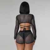 Women sexy long-sleeved Beaded See-Through Mesh Top and shorts two-piece set