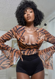 Women Tiger Print Slit Swinging Collar Lace-Up Sexy mesh long-sleeved top