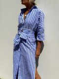 Women Autumn Half Sleeve Striped Shirt Dress