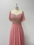 Women Square-neck Short-sleeved Backless Pink Sequin Patchwork Chiffon Evening Dress