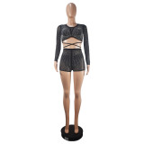 Women sexy long-sleeved Beaded See-Through Mesh Top and shorts two-piece set