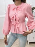 Women Casual Puff Sleeve Round Neck Loose Long Sleeve Shirt