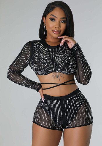 Women sexy long-sleeved Beaded See-Through Mesh Top and shorts two-piece set