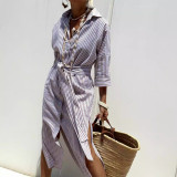 Women Autumn Half Sleeve Striped Shirt Dress