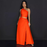 Women Slash Shoulder Slit Sleeveless Top and Skirt Two-piece Set