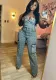 Women Strapless Embroidered Cross Strapless Elastic Denim Jumpsuit