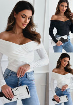 Women Fall/Winter Sexy Off-shoulder Long-sleeved Solid T-shirt Top