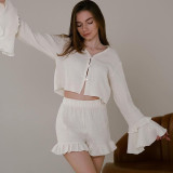 Women Lotus Edge Long-sleeved Top and Shorts Two-piece Set