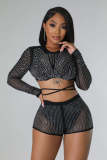 Women sexy long-sleeved Beaded See-Through Mesh Top and shorts two-piece set