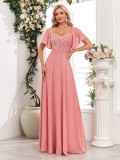 Women Square-neck Short-sleeved Backless Pink Sequin Patchwork Chiffon Evening Dress