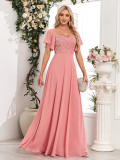 Women Square-neck Short-sleeved Backless Pink Sequin Patchwork Chiffon Evening Dress