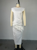 Women Summer Short Sleeve Solid Pleated Maxi Dress