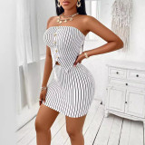 Summer Women's Clothing Summer Striped Strapless Top Slim Mini Skirt Two Piece Set