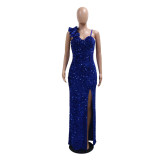 Fashion Women's Clothing Solid Color Strap Sexy Sequin Long Dress Slit Evening Dress