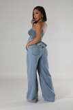 Fashion Casual  Sexy Ruffle Denim Strapless Top Wide Leg Pants Two Piece Set