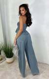 Fashion Casual  Sexy Ruffle Denim Strapless Top Wide Leg Pants Two Piece Set