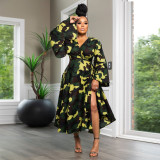 Plus Size African Women's Printed Wrap V-Neck Long Sleeve Maxi Dress