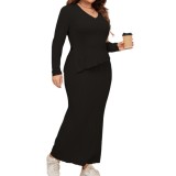 Plus Size Loose Fashion Long Sleeve Irregular Top Slim Long Skirt Two Piece Set