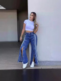 Fashion Button Stripe Wide Leg Loose Casual Denim Pants