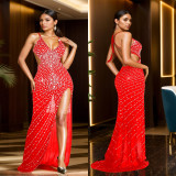 Fashion Women's Beaded V-Neck Strap Backless Nightclub Long Dress