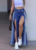 Fashion Button Stripe Wide Leg Loose Casual Denim Pants