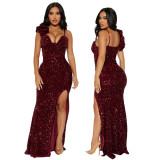 Fashion Women's Clothing Solid Color Strap Sexy Sequin Long Dress Slit Evening Dress