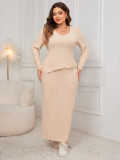 Plus Size Loose Fashion Long Sleeve Irregular Top Slim Long Skirt Two Piece Set