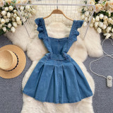 Women's Ruffled Strap Women's Denim A-Line Short Dress