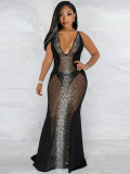 Women's Sexy See-Through Mesh Sleeveless Deep V Beaded Nightclub Party Dress