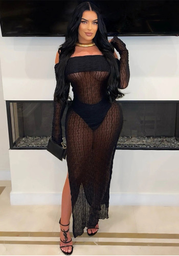 Summer Off Shoulder Slit Slim Sexy See-Through Dress With Underwear