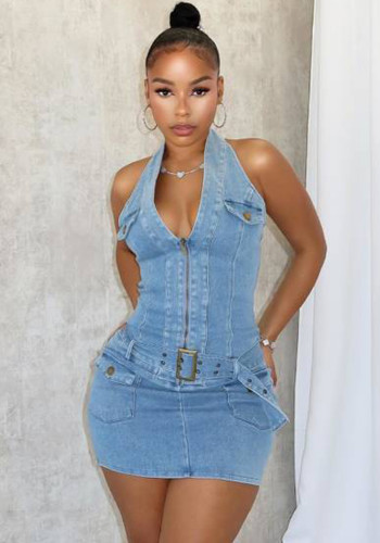 Sexy Halter Neck Low Back Denim Dress