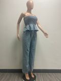 Fashion Casual  Sexy Ruffle Denim Strapless Top Wide Leg Pants Two Piece Set