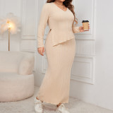 Plus Size Loose Fashion Long Sleeve Irregular Top Slim Long Skirt Two Piece Set