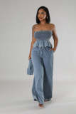 Fashion Casual  Sexy Ruffle Denim Strapless Top Wide Leg Pants Two Piece Set