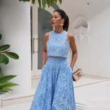 Autumn Women's Chic Sleeveless Embroidery Hollow Lace Top Long Skirt Holidays Two-Piece Set