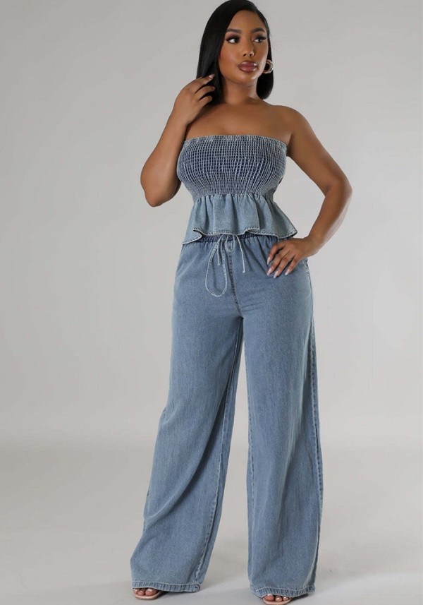 Fashion Casual  Sexy Ruffle Denim Strapless Top Wide Leg Pants Two Piece Set