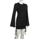 Autumn Round Neck Bell Bottom Long-Sleeved Drawstring Elegant Knitting Dress