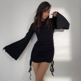 Autumn Round Neck Bell Bottom Long-Sleeved Drawstring Elegant Knitting Dress