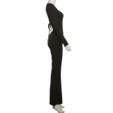 Autumn Summer Fashion Square Neck Low Back Flared Tight Fitting Women Jumpsuit