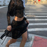 Summer Sexy Crop See-Through Lace Top High Waist Irregular Skirt Two Piece Set