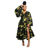 Plus Size African Women's Printed Wrap V-Neck Long Sleeve Maxi Dress