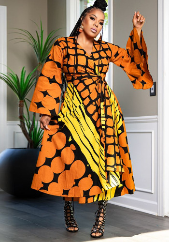 Plus Size African Women's Printed Wrap V-Neck Long Sleeve Maxi Dress