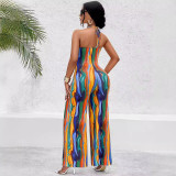 Women's Clothing Summer Halter Neck Sleeveless Sexy Wide Leg Printed Casual Jumpsuit