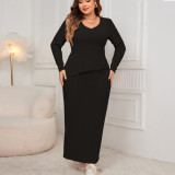 Plus Size Loose Fashion Long Sleeve Irregular Top Slim Long Skirt Two Piece Set