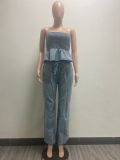 Fashion Casual  Sexy Ruffle Denim Strapless Top Wide Leg Pants Two Piece Set